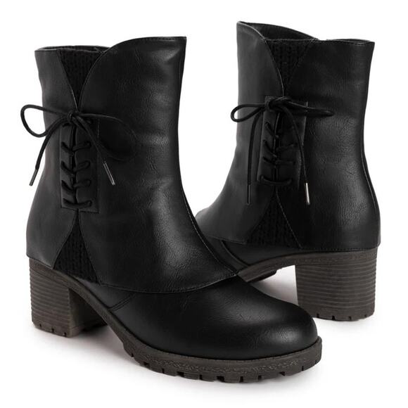 Muk Luks Women's 8.5 Black Leather Lucy Lillith Boots Lace Up Classy Edgy LE1-16 - Picture 1 of 8